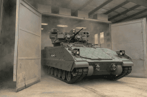 Tank emerging from building